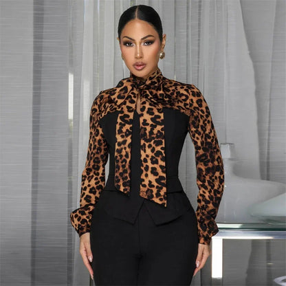 Doyerl Leopard Patchwork Shirt Style Jumpsuits Woman Elegant Vintage Long Sleeve High Waist One Piece Rompers Women Jumpsuit