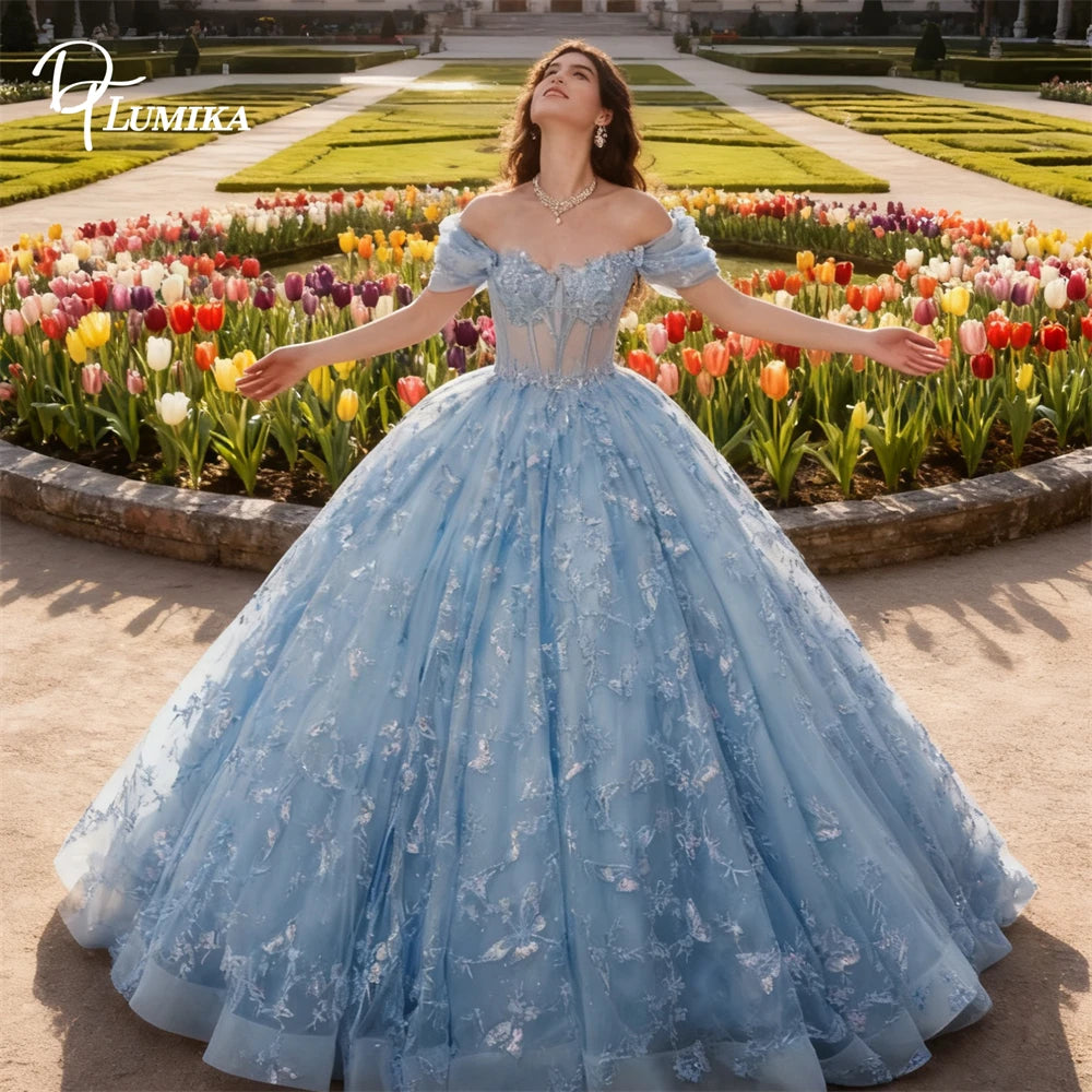 Sky Blue Floral Lace Quinceanera Dress for Teens Coming of Age Party Gown Off the Shoulder Ball Gown Sweet 15 Dresses Customized