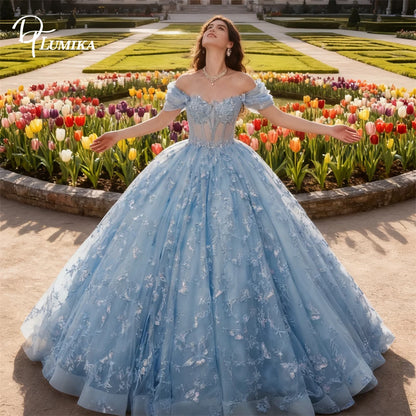 Sky Blue Floral Lace Quinceanera Dress for Teens Coming of Age Party Gown Off the Shoulder Ball Gown Sweet 15 Dresses Customized