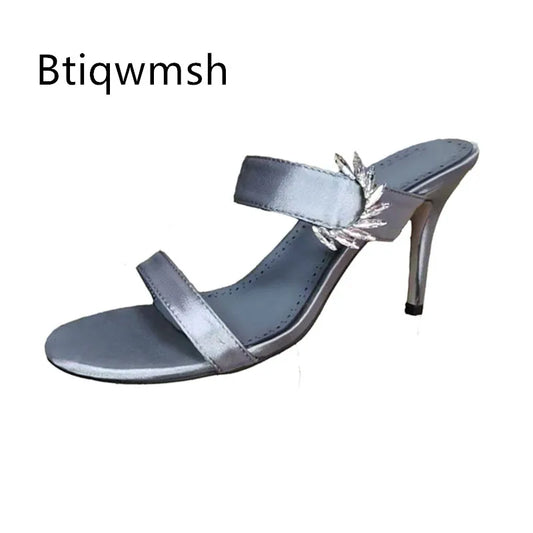 2025 Newest Rhinestone Sandals Woman Open Toe Pink Puple Luxury Satin High Heels Lady Sexy Muller Slippers