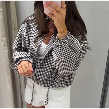 Plaid Short Trench Coat Women Lapel Collar Double Breasted Belted Waist Long Sleeve Loose Jacket 2026 Autumn Casual Chic Coats
