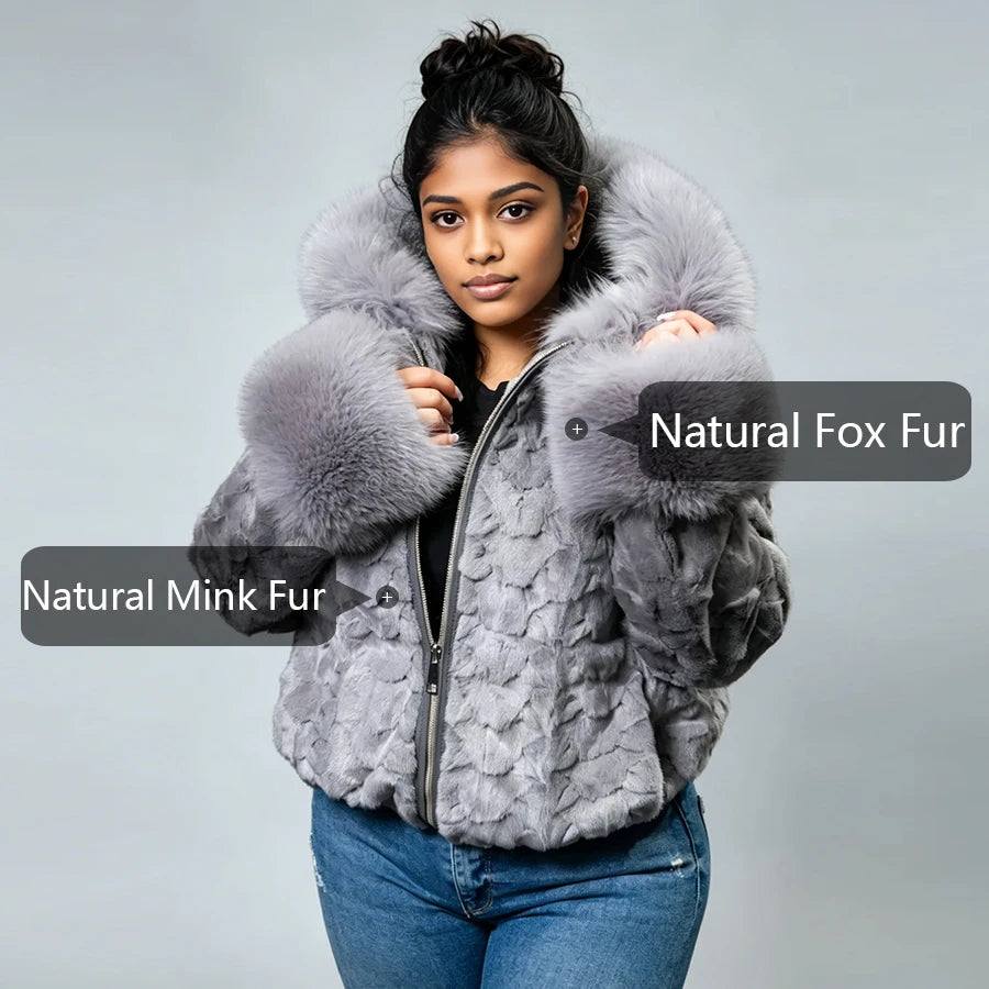 Woman's Section Mink Fur Jacket With Fox Collar Cuffs Hooede Fur Jacket Real Fur Zippered Jacket High Quality Natural Fur Coat