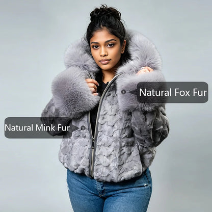 Woman's Section Mink Fur Jacket With Fox Collar Cuffs Hooede Fur Jacket Real Fur Zippered Jacket High Quality Natural Fur Coat