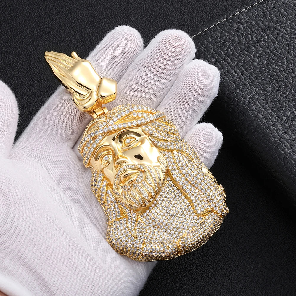 HHIOK Iced Out Jesus Head Pendant S925 Silver Moissanite Praying Hands Pendant Hip Hop Religious Jewelry For Men