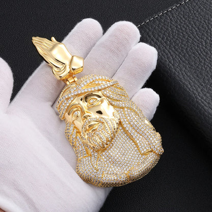 HHIOK Iced Out Jesus Head Pendant S925 Silver Moissanite Praying Hands Pendant Hip Hop Religious Jewelry For Men