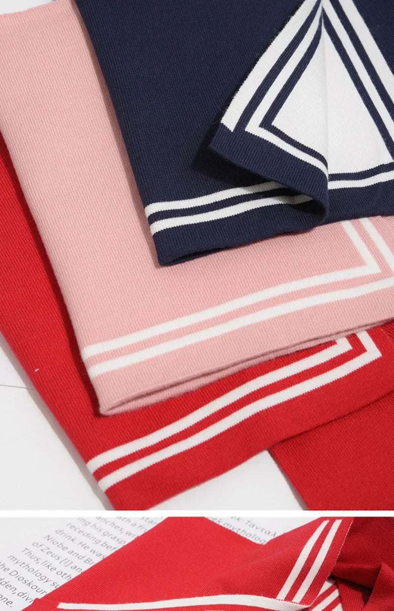Korean College Navy Stripe Wool Knit Shoulder Cape Knotted Warm Overlapping Shawl Women Summer Neck Scarf T56