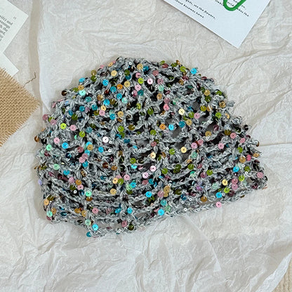 Fashion Vintage Sequined Hollow Pullover Hats Women Spring Summer Travel Photo Atmosphere Versatile Y2K Knit Beanie Hat Girl