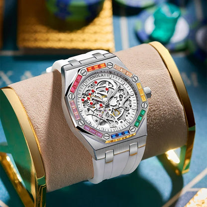 ONOLA 3834 Luxury Diamond Set Design Men's Automatic Mechanical Watch Fashion Hollow Sports Silicone Strap Watches for Man