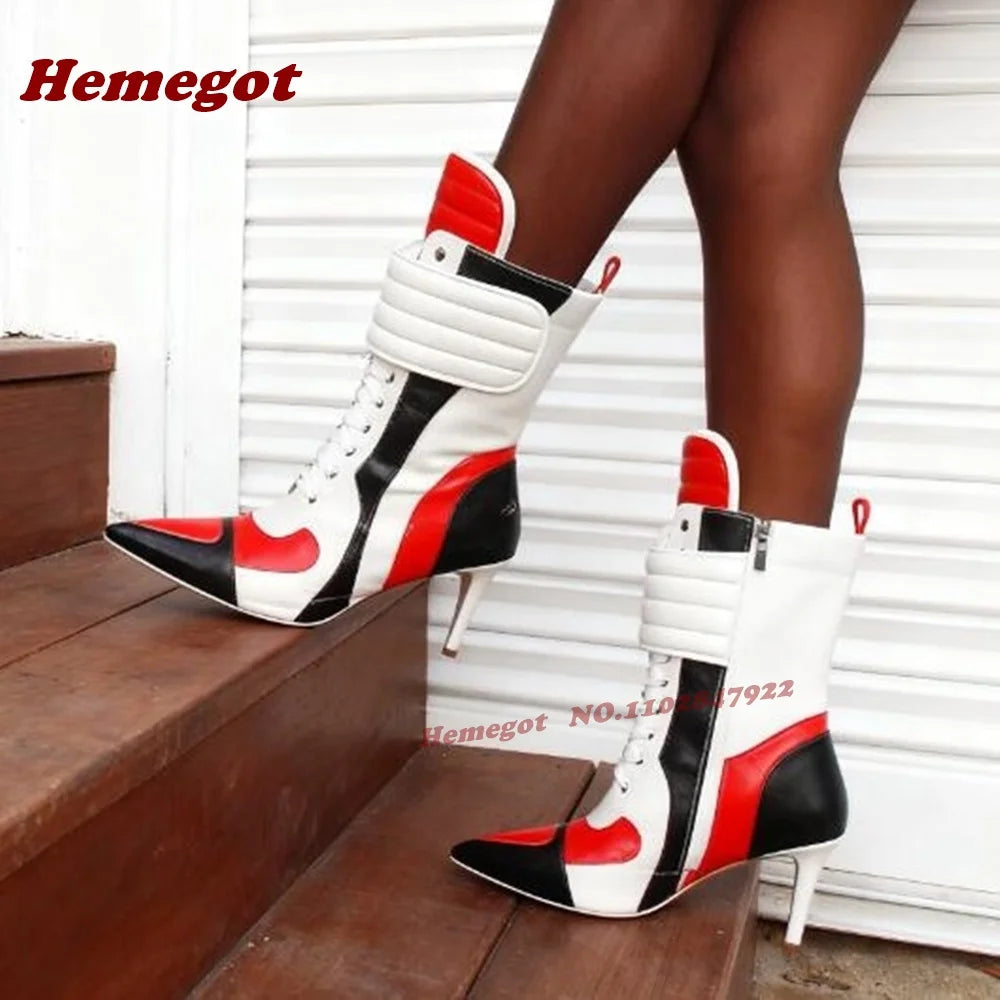 Yellow Black Patchwork Motorcycle Boots Pointy Toe Stiletto Heels Splicing Women's Ankle Boots Side Zipper Hook and Loop Shoes