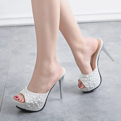 Women Crystal Slippers 2024 New Fashion Platform 12CM Thin High Heels Designer Slides Sandals Luxury Rhinestones Summer Shoes