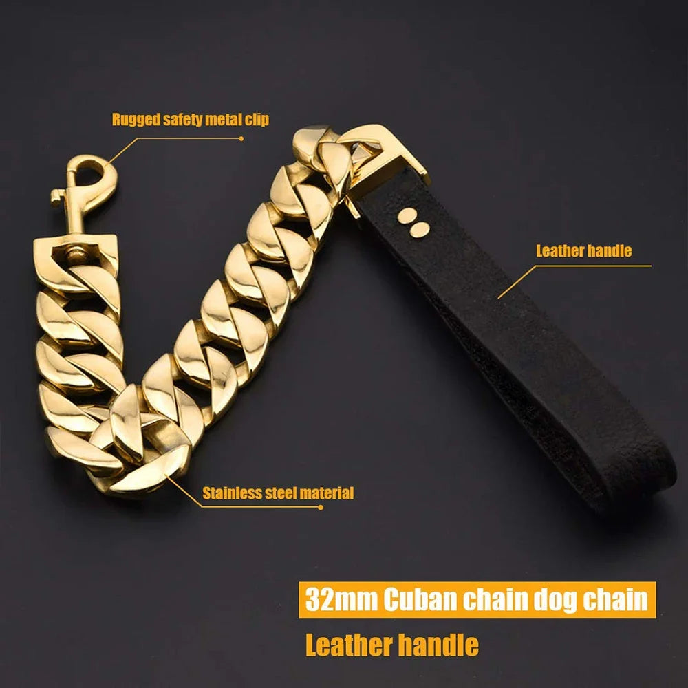 Traction Solid Super Strong Gold Collar Stainles Steel Dog Leash Pet Lead Chain 32mm 19mm Bulldog Pitbull Large Dog Collar Leash