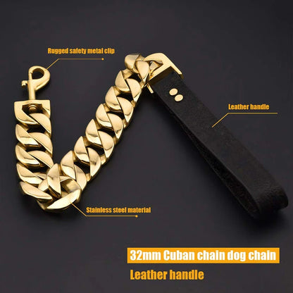 Traction Solid Super Strong Gold Collar Stainles Steel Dog Leash Pet Lead Chain 32mm 19mm Bulldog Pitbull Large Dog Collar Leash