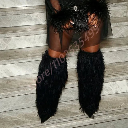 2025 Winter Black Sexy Ladies Catwalk Fur Boots Fashion Street Model Soft Fur Knee-High Stage Boots Pointed Warm Stiletto Boots