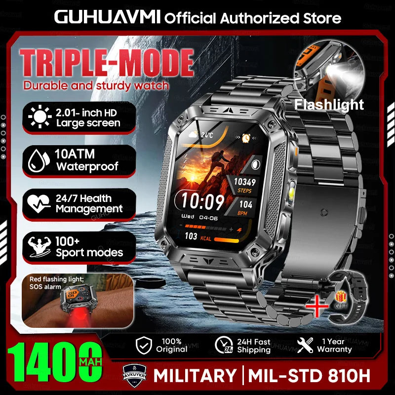 2026 New Military outdoor 1400mAh Battery SmartWatch Men Waterproof Call 2.01" HD AMOLED Sports Heart rate Flashlight Smart Band