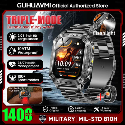 2026 New Military outdoor 1400mAh Battery SmartWatch Men Waterproof Call 2.01" HD AMOLED Sports Heart rate Flashlight Smart Band