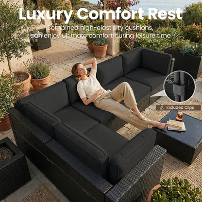 8-Piece Patio Wicker Sectional Sofa Set with 44" Propane Fire Pit Table & Coffee Table, Outdoor Furniture, Custom