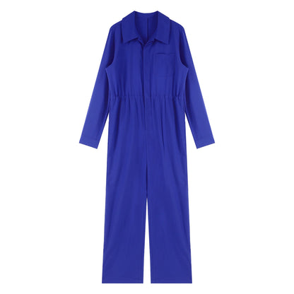 Womens Button Work Coverall Rompers Casual Solid Color Turn-Down Collar Button Flap Long Sleeve Mechanic Work Overalls Jumpsuit