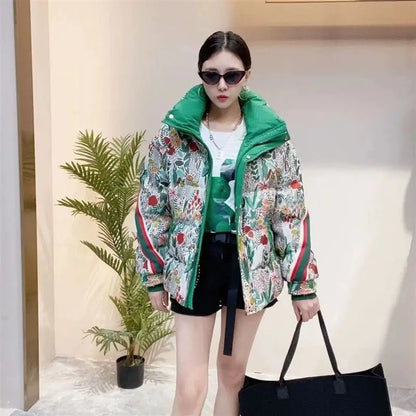 2026 Winter European Fashion Brand Color Splicing Printed High-End Down Jacket Female Thick White Duck Down Short Women's Coat