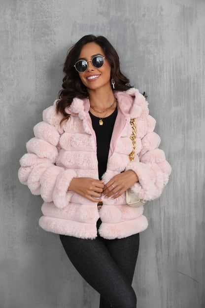 2026 Winter Hooded Plus Size Faux Fur Cropped Coat Women Furry Long Sleeve Plush Jacket Lady Large Fake Fur Warm Fluffy Cardigan