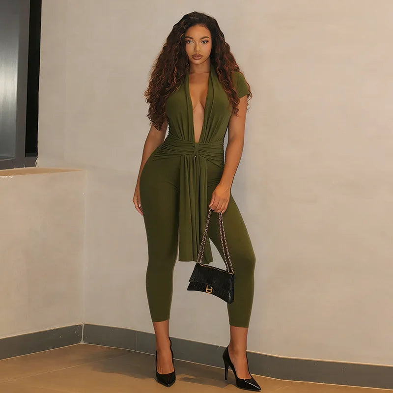 Women Solid Halter Jumpsuit, Deep V Neck Sash Tie Draped Bodycon Capri Jumpsuits, Slim Rompers for Night Club Party
