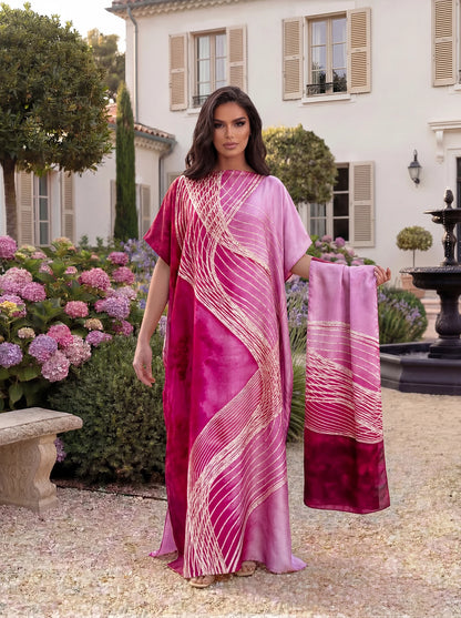 Boho Mixed Animal Paisley Abstract Print Satin Abaya Scarf Set, Loose Batwing Maxi Kaftan for Muslim Women Summer Holiday Wear