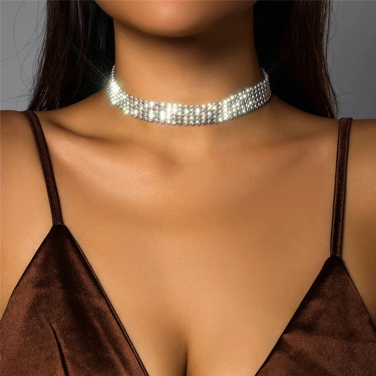 Ingemark Sparkling Silver Color Crystal Collar Choker Necklace for Women Bridal Goth Rhinestone Clavicle Chain Elegant Jewelry