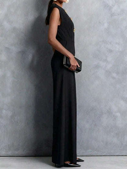 Women's Jumpsuits & Rompers, Black Sleeveless Wide Leg with Decorative Buttons, Tailored Formal Evening Outfit