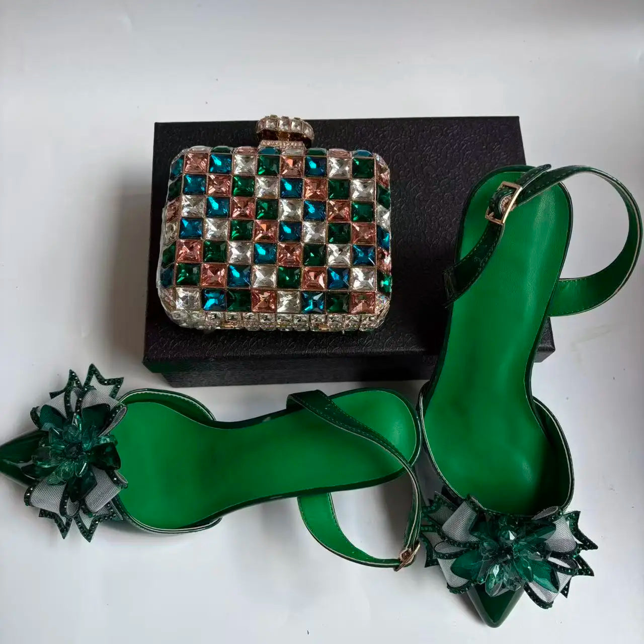 Insightlink Green Crystal High Heel with Bag Set for Bridal Wedding Party Designer Pointed Toe and Clutch Luxury Sandal Handbag