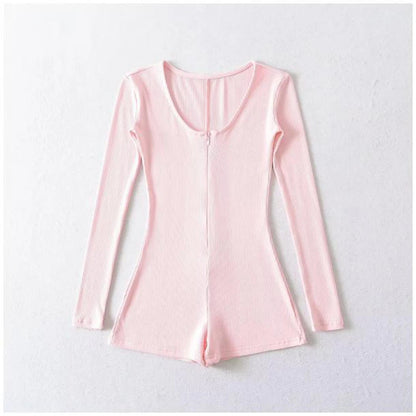 Womens Yoga Long Sleeve Jumpsuits Slim Fit Stretch One Piece Shorts Playsuits Romper Sexy Fitness Low Neck Zipper Sportwear