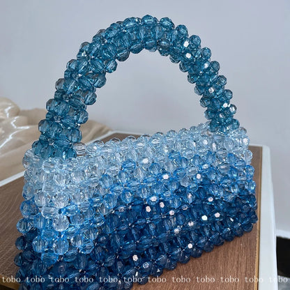 Gradient Blue Beaded Own Design Tote Bags for Women Customized Color Fashion Handbags for 2022 Chain Handle Clutch Evening Bag