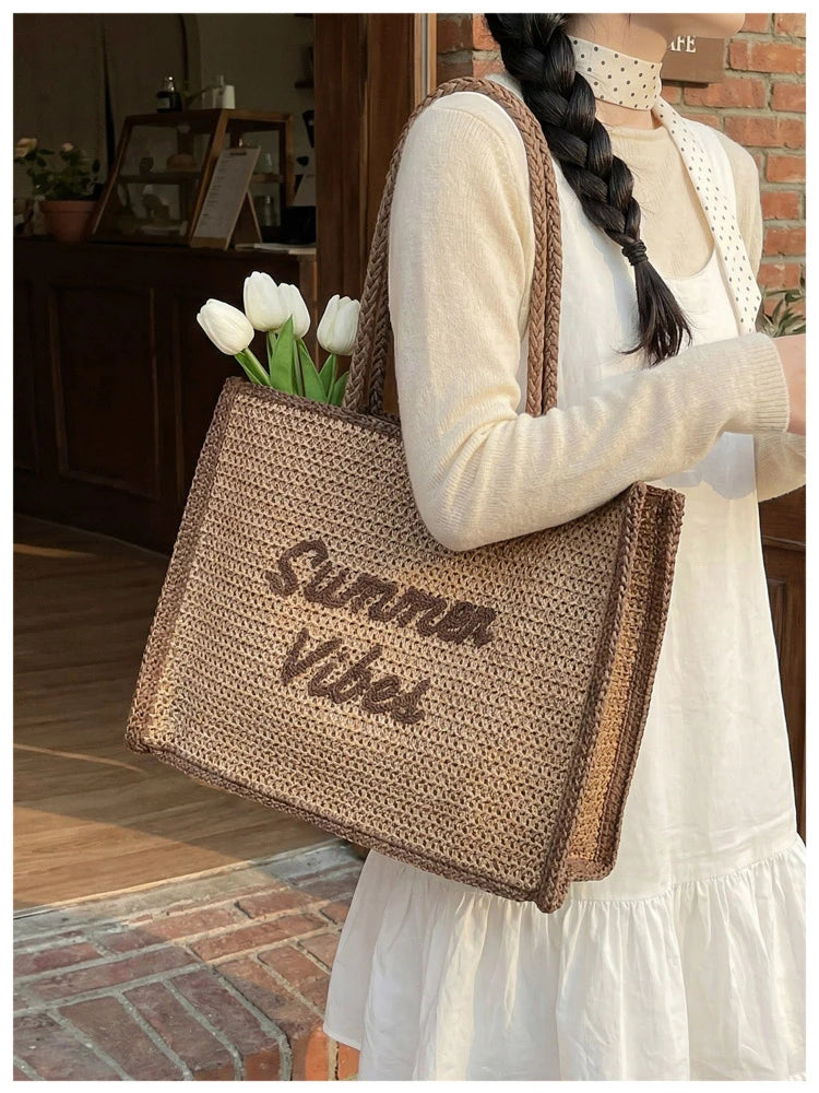 Large Capacity Women Tote Bag 2026 New Fashion Hand-made Straw Bag Female Shoulder Handbag Causal Commuter Bags for Ladies