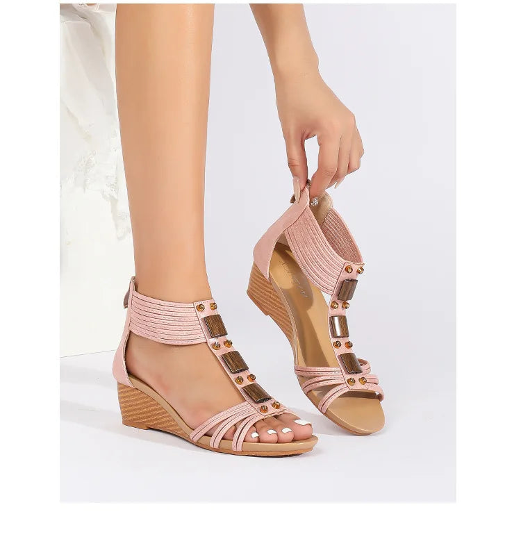 High quality leather flat sandals for women 5cm mid heel beading summer 2026 36 43 open toe casual vintage shoe pink white beige