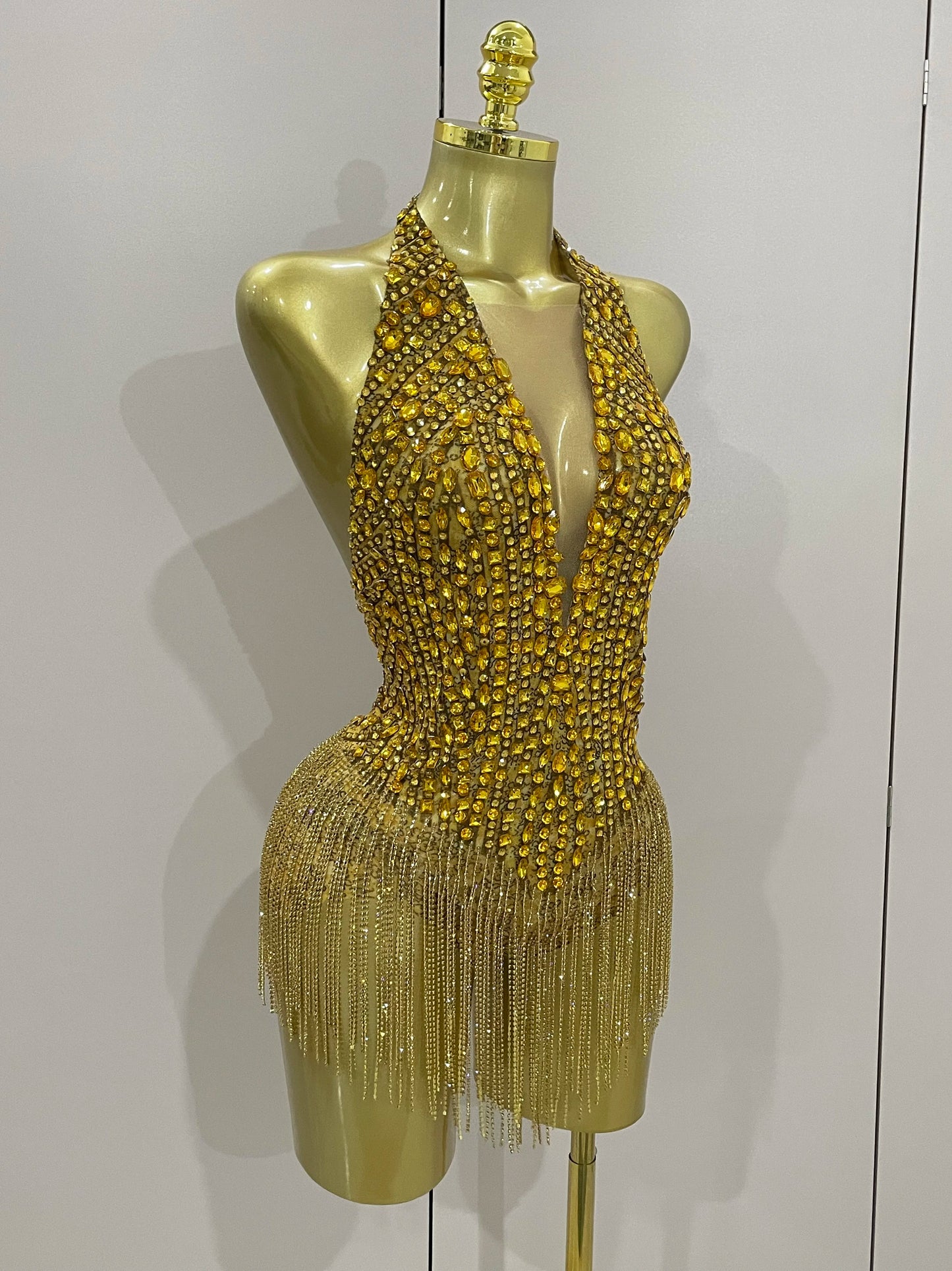 Luxury Golden Rhinestone Sexy Mesh Stretch Bodysuits Women Birthday Dancer Performance Stage Wear Nightclub Team Hotwife Outfit