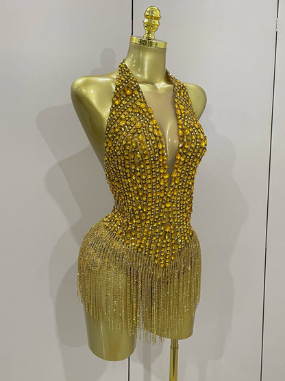 Luxury Golden Rhinestone Sexy Mesh Stretch Bodysuits Women Birthday Dancer Performance Stage Wear Nightclub Team Hotwife Outfit