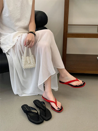 ZAROY Red Women's Flip Flops Summer Slippers Square Clip Toe Thin Low Heels Casual Beach Mules Slides Thongs Sandals Zapatos