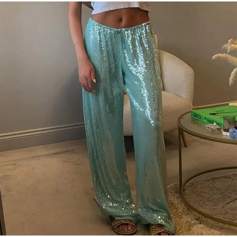 Women Solid Sequined Straight Pants Loose High Waist Wide Leg Trousers Lady Summer Chic Y2K High Street Pants