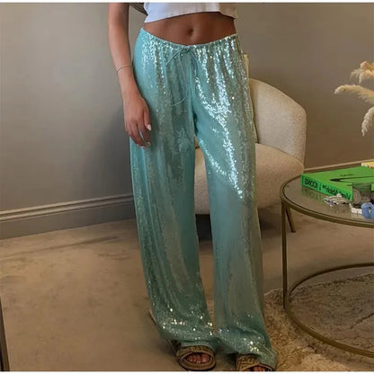 Women Solid Sequined Straight Pants Loose High Waist Wide Leg Trousers Lady Summer Chic Y2K High Street Pants