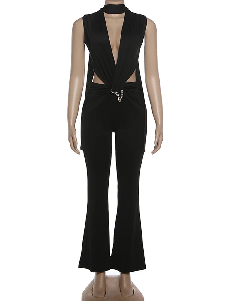 Weird Puss Sexy Waistless Jumpsuit Women Ruched Metal Cross Hollow Bandage Coquette Midnight Workout Hipster Stretch Overalls