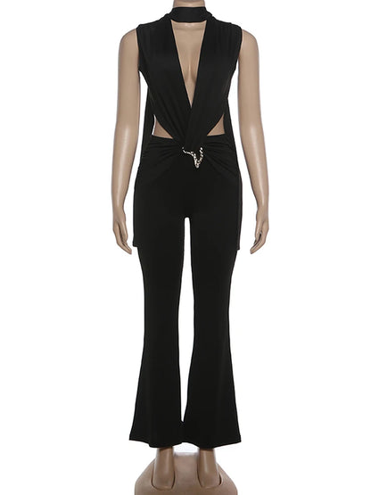 Weird Puss Sexy Waistless Jumpsuit Women Ruched Metal Cross Hollow Bandage Coquette Midnight Workout Hipster Stretch Overalls
