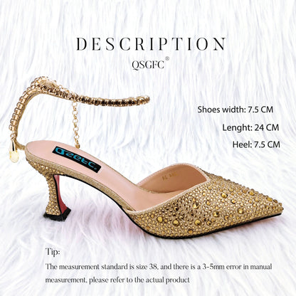 QSGFC Nigerian Popular Pointed Shoes And Bag Handle Soft Small Bag Anklet Design Mid-Heel Women's Shoes