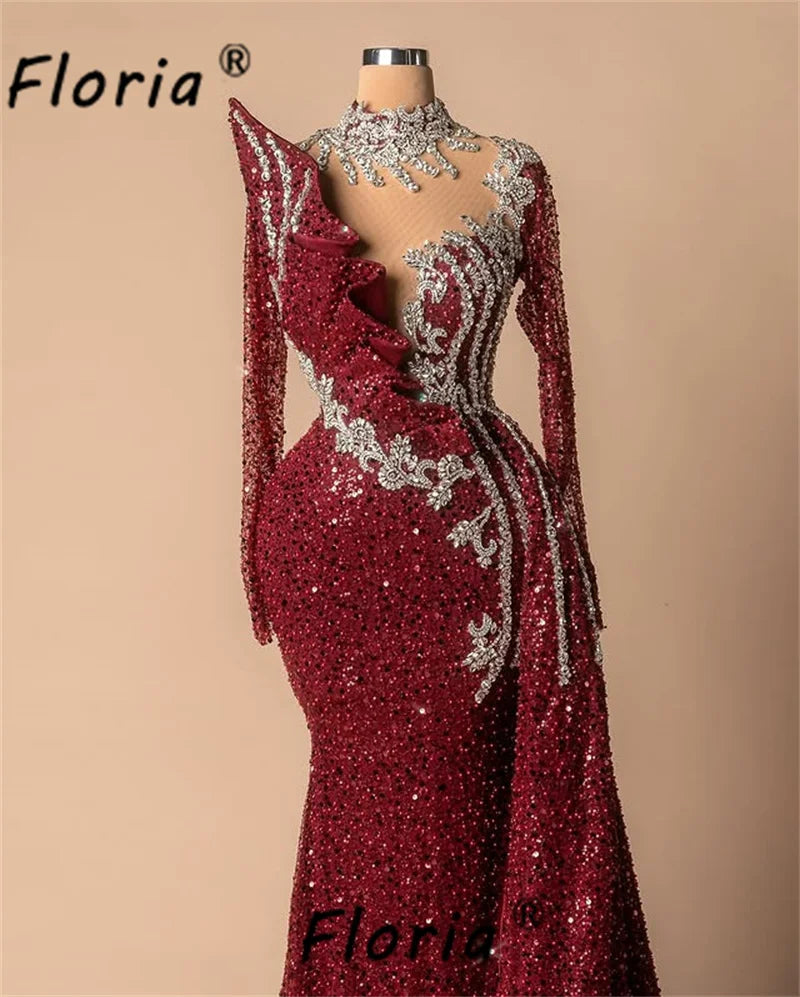 Dubai Burgundy Beaded Mermaid Evening Dresses Stunning Sequin Crystals Wedding Party Gowns Woman Customized Vestidos de noche