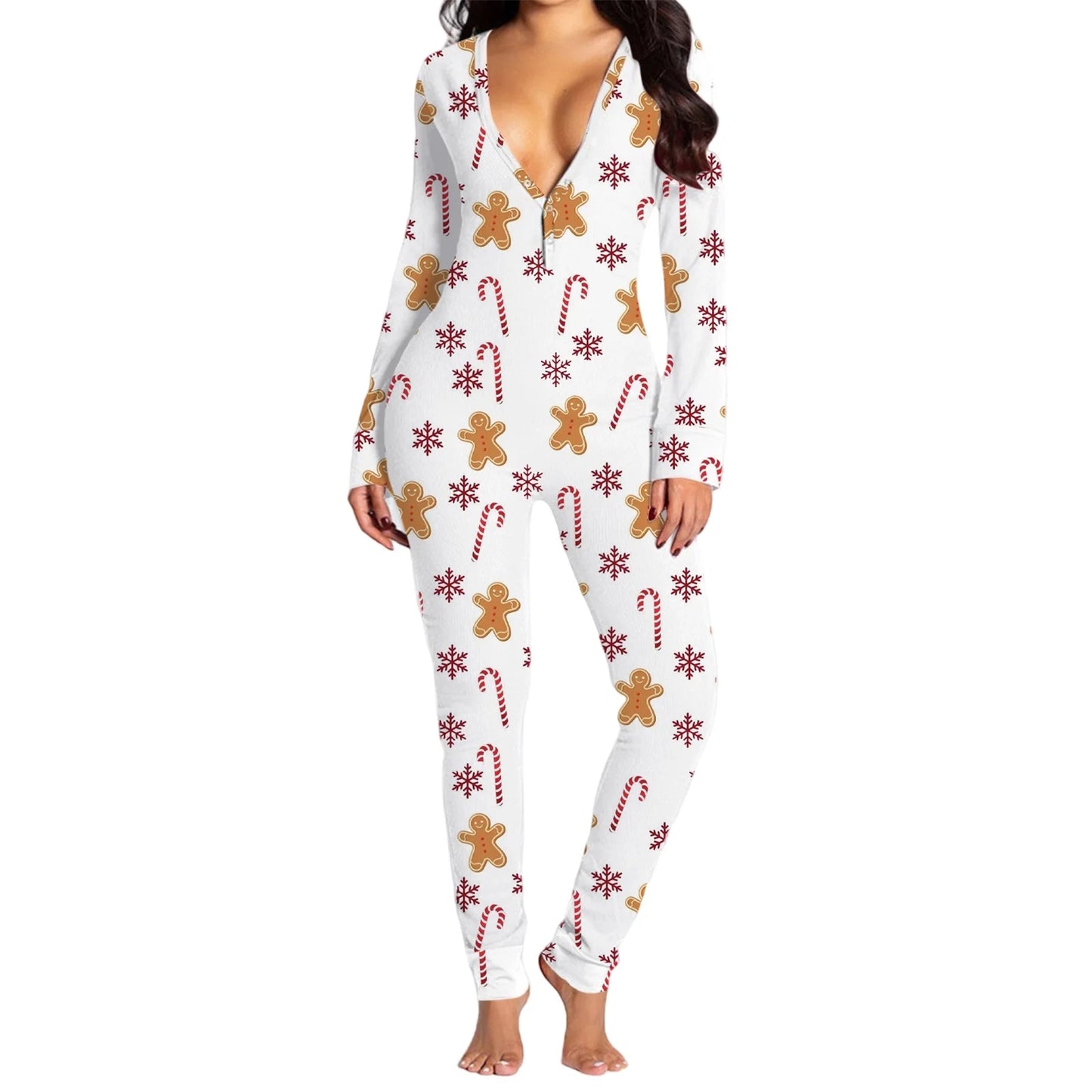 Christmas Women's Jumpsuit Pajamas Long Sleeve V Neck Themed Print Bodysuit Sleepwear with Drop Seat Butt Flap