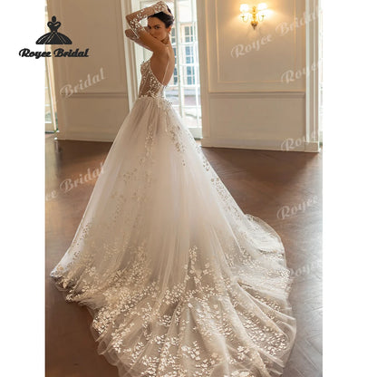 Elegant Flowers Lace A Line Wedding Dresses 2026 Sheer Tulle Customized Beach Bridal Gown Custom Vestido De Novia