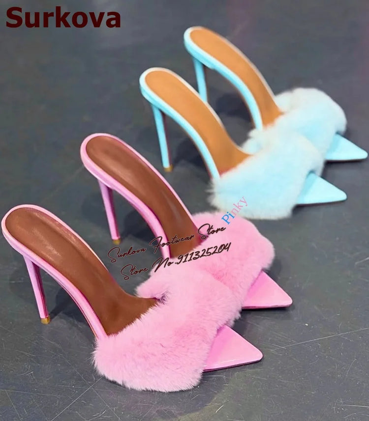 Surkova Sky Blue Black Luxury Fur Embellished Sandals Suede Thin High Heel Slippers Steel Tip Toe Slip-on Evening Shoes Size46