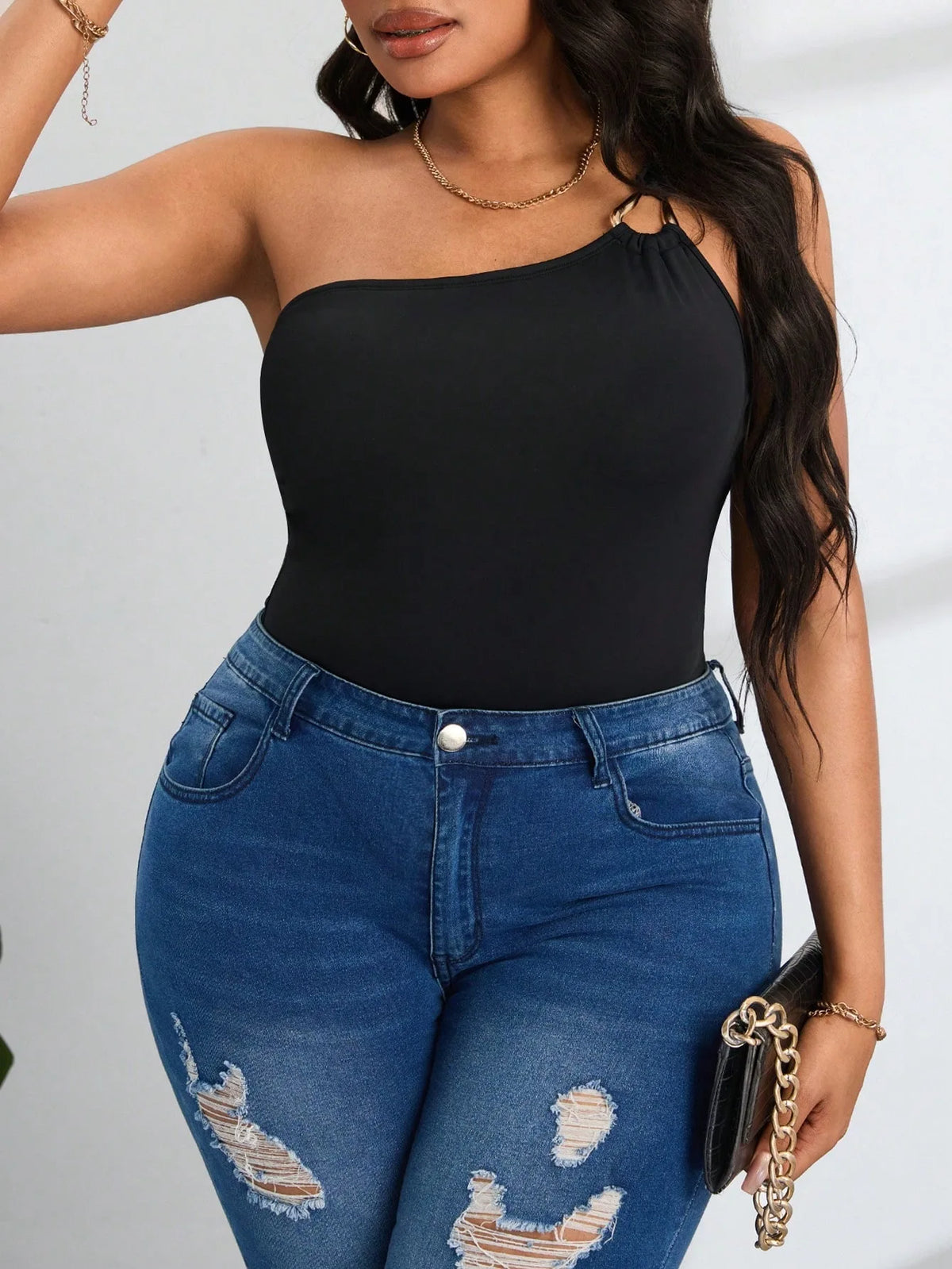 Plus-Size Women's Jumpsuit Sexy One-Shoulder Gold Ring Detail Solid Color Waist-Defining Pants Slimming Shaping One-Piece