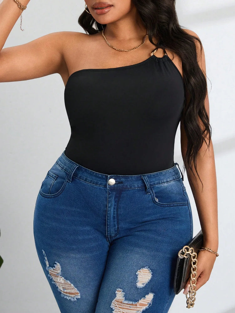 Plus-Size Women's Jumpsuit Sexy One-Shoulder Gold Ring Detail Solid Color Waist-Defining Pants Slimming Shaping One-Piece