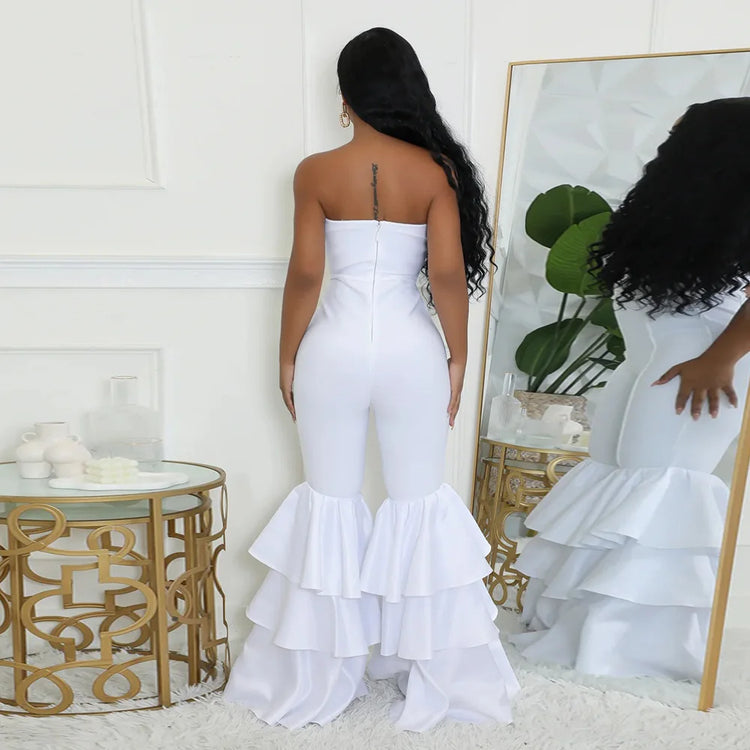 Jumpsuits Strapless Women Sleeveless Sexy Rompers One Piece Overalls Slim Fit Long Pant Ruffles Patchwork Elegant Lady