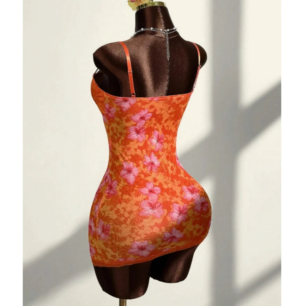 HLJ&GG Vintage Flowers Print Mesh Spaghetti Strap Bodycon One Piece Rompers Women V Neck Sleeveless Jumpsuits Fashion Overalls