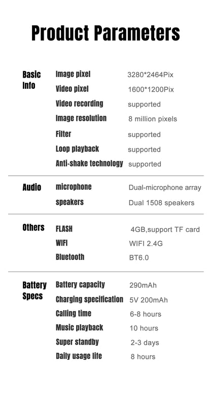 Smart Glasses 800W Pixel Camera Bluetooth IPX4 Waterproof Magnetic Charging Audio Glasses Video Voice Recorder Hands-Free Camera