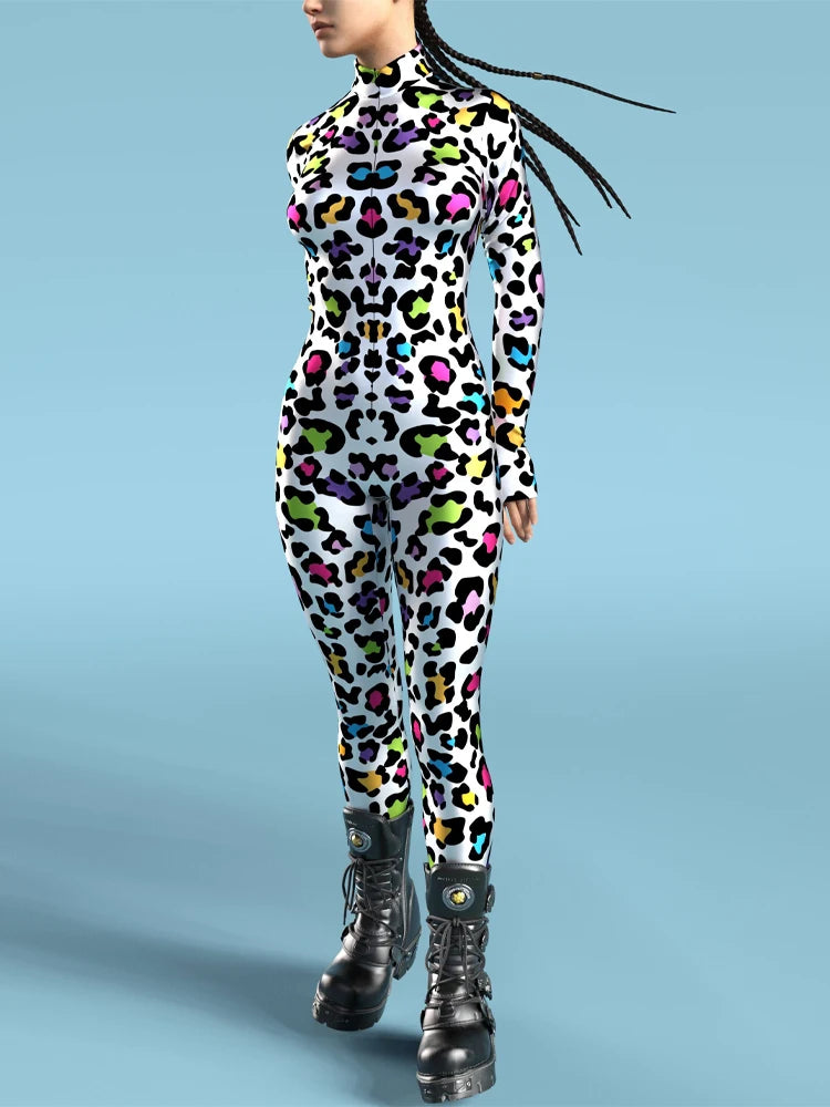 Women Sexy Rainbow Spot Print Jumpsuit Halloween Colorful Spotted Dog Cosplay Bodysuit Festival Theme Party Catsuit Rave Outfits